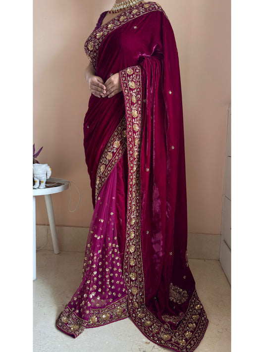 Purple Wine Vows in Velvet Saree