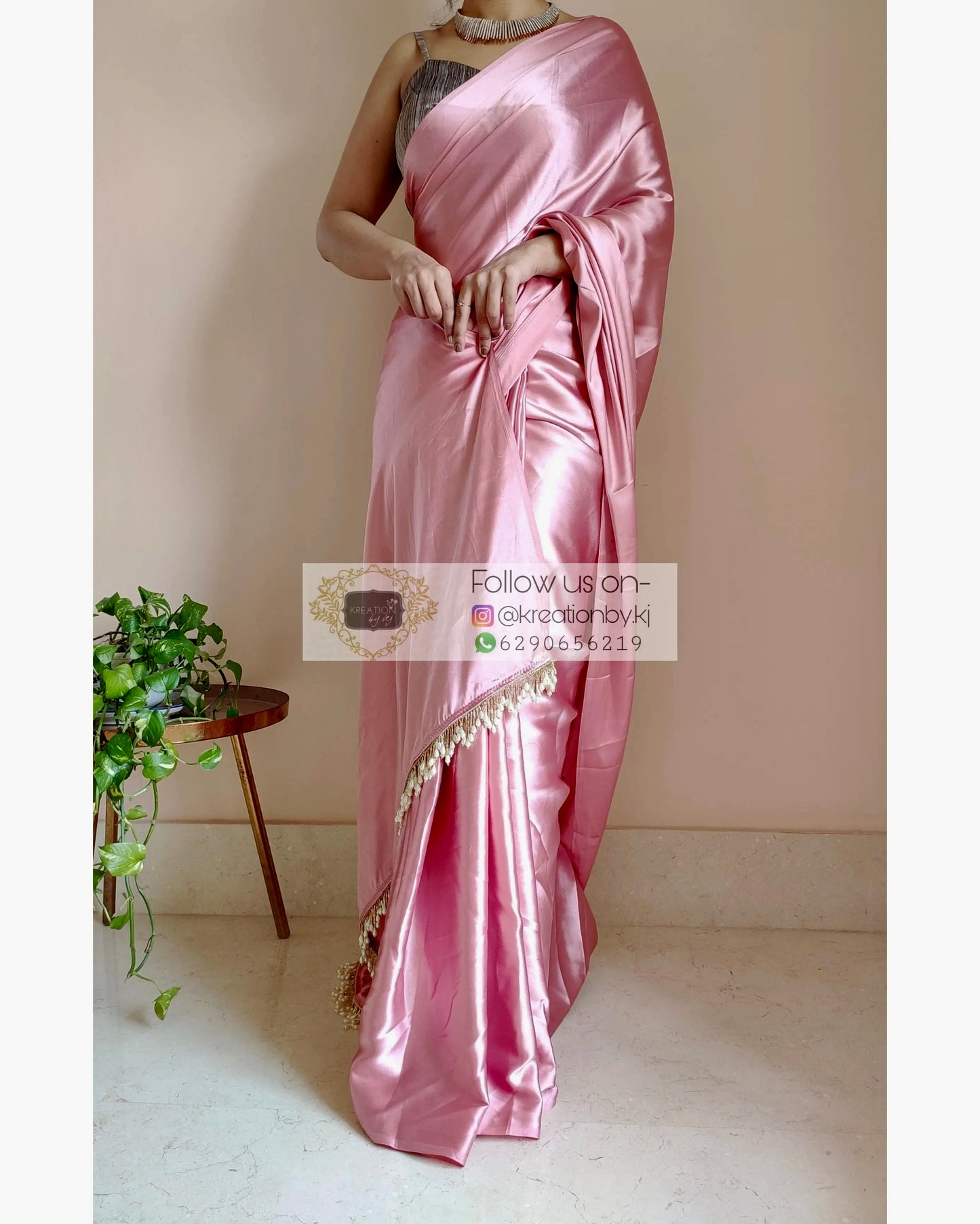 Old Rose Satin Silk Saree With Handmade Tassels On Pallu