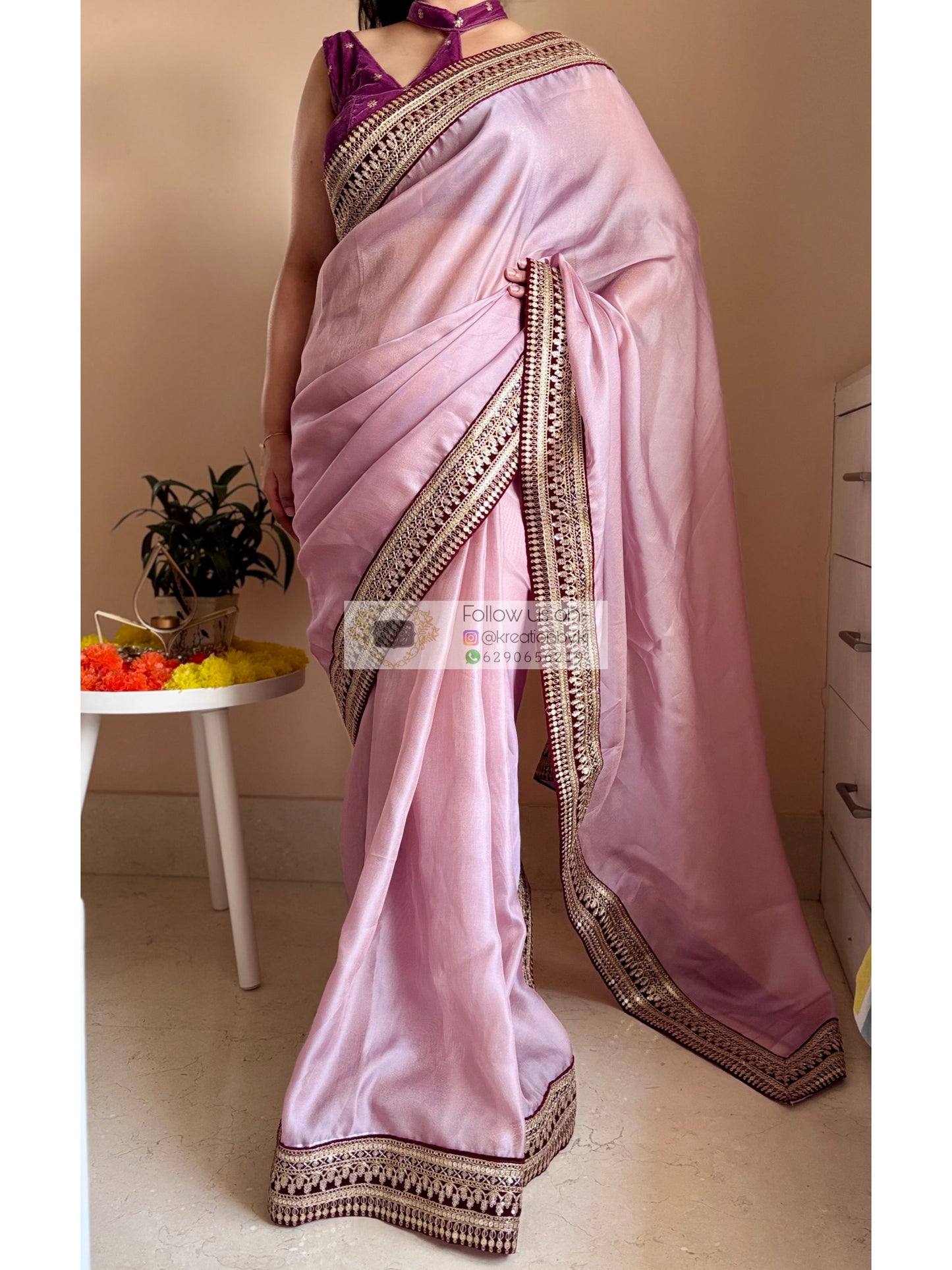 Mauve Pink Net Saree With Wine Border Kreation by KJ
