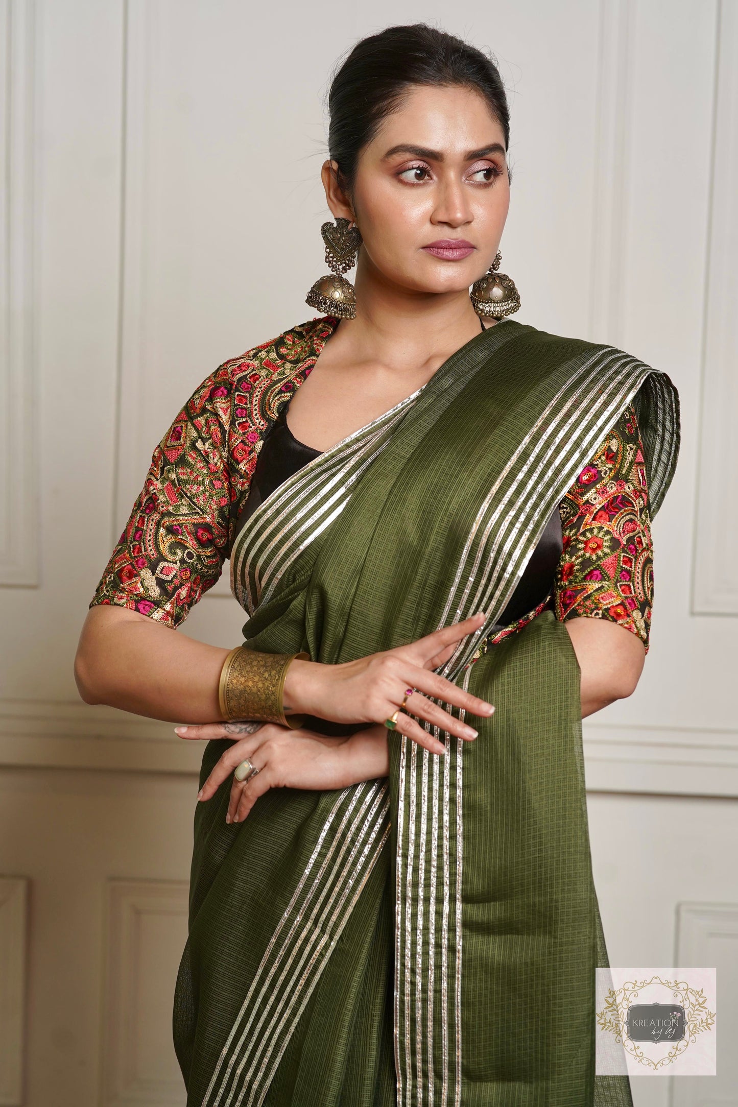 Olive Green Kota Silver Lining Saree