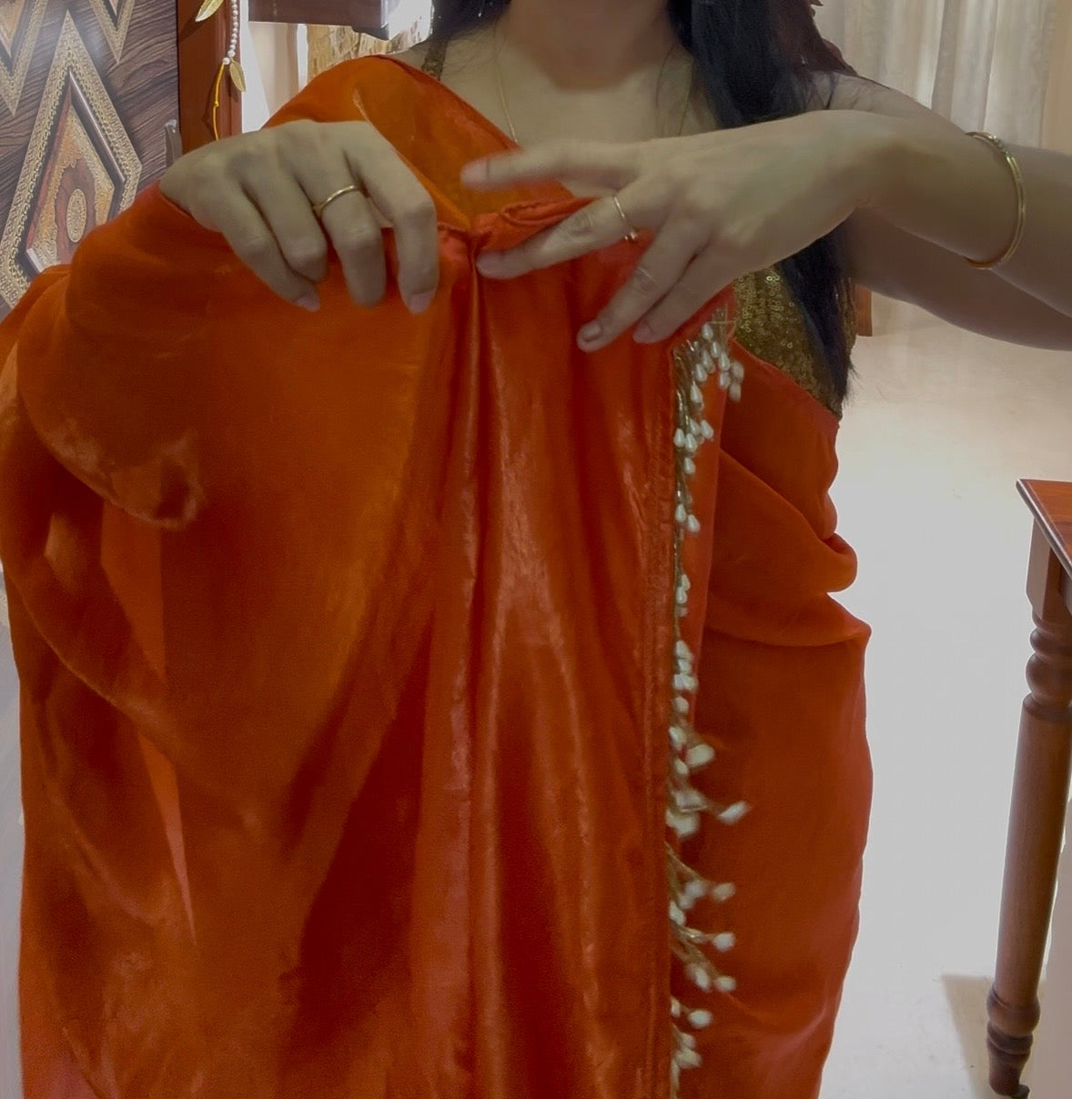 Fanta Orange Metallic Satin Saree