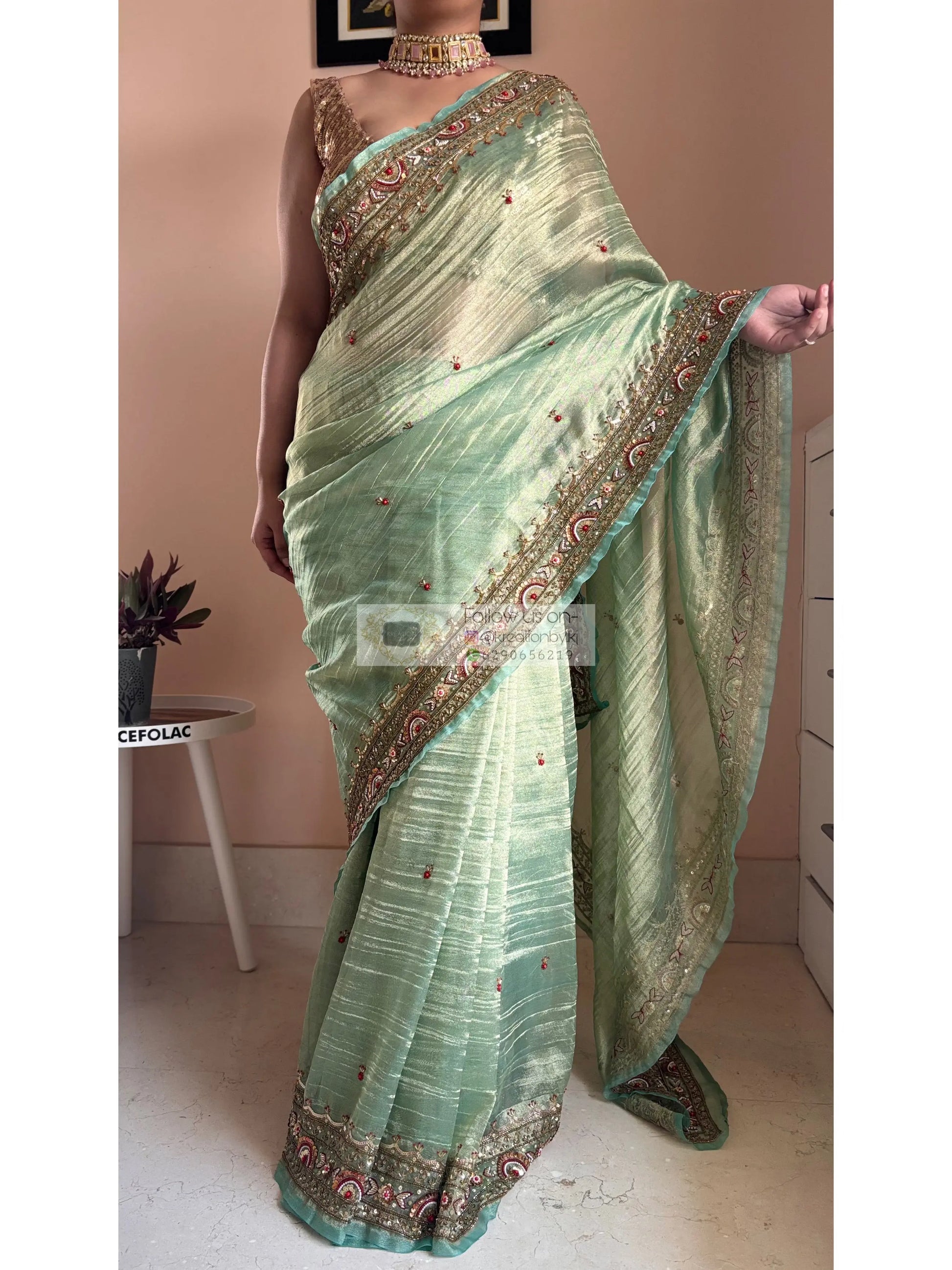 Green Tissue Saree with Hand embroidered Border Kreation by KJ