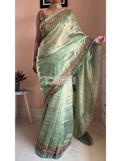 Green Tissue Saree with Hand embroidered Border Kreation by KJ