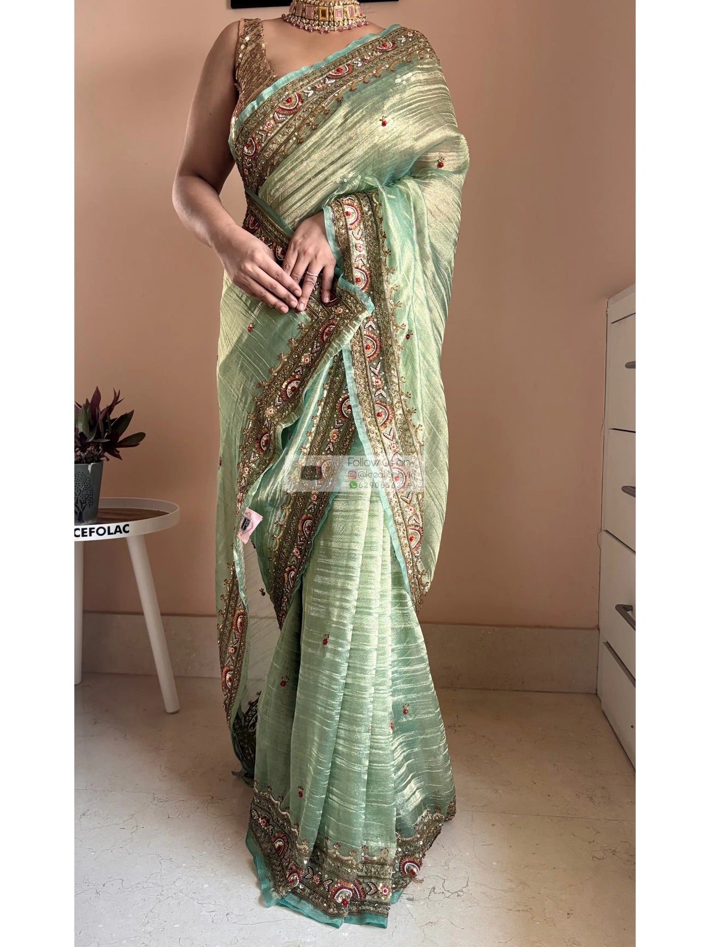 Green Tissue Saree with Hand embroidered Border Kreation by KJ