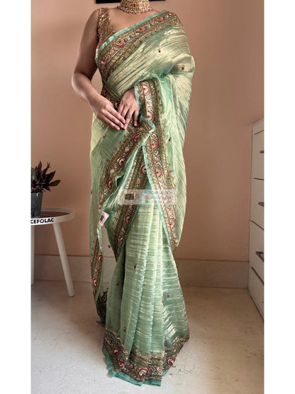 Green Tissue Saree with Hand embroidered Border Kreation by KJ
