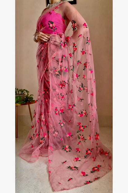 Peach Bouquet of Flowers Net Saree