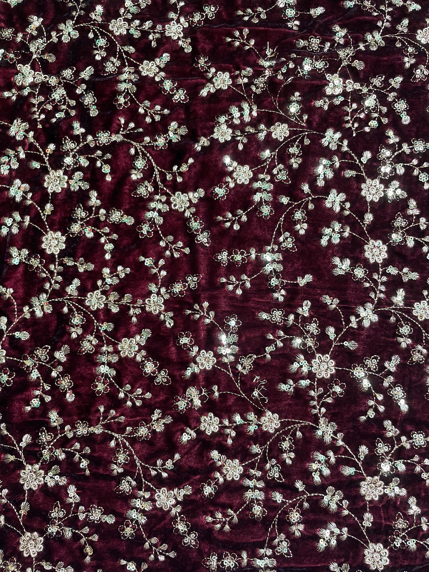 Burgundy Velvet Embroidered Fabric