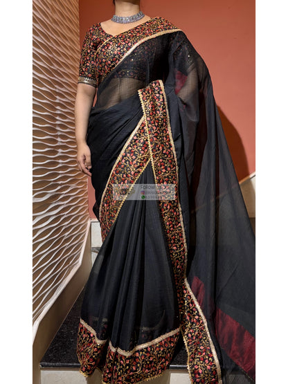 Black Crushed Chiffon Saree with Embellished Border