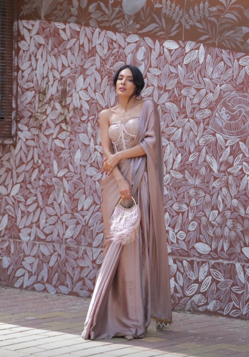 Lilac Satin Silk Saree with Handmade Cutdana Tassels on Pallu
