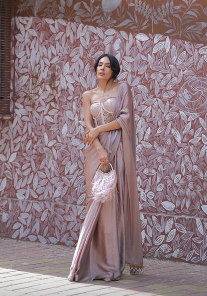 Lilac Satin Silk Saree with Handmade Cutdana Tassels on Pallu