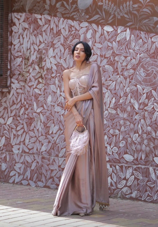 Lilac Satin Silk Saree with Handmade Cutdana Tassels on Pallu