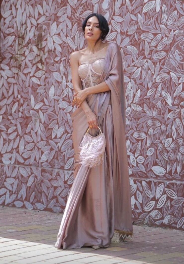 Lilac Satin Silk Saree with Handmade Cutdana Tassels on Pallu