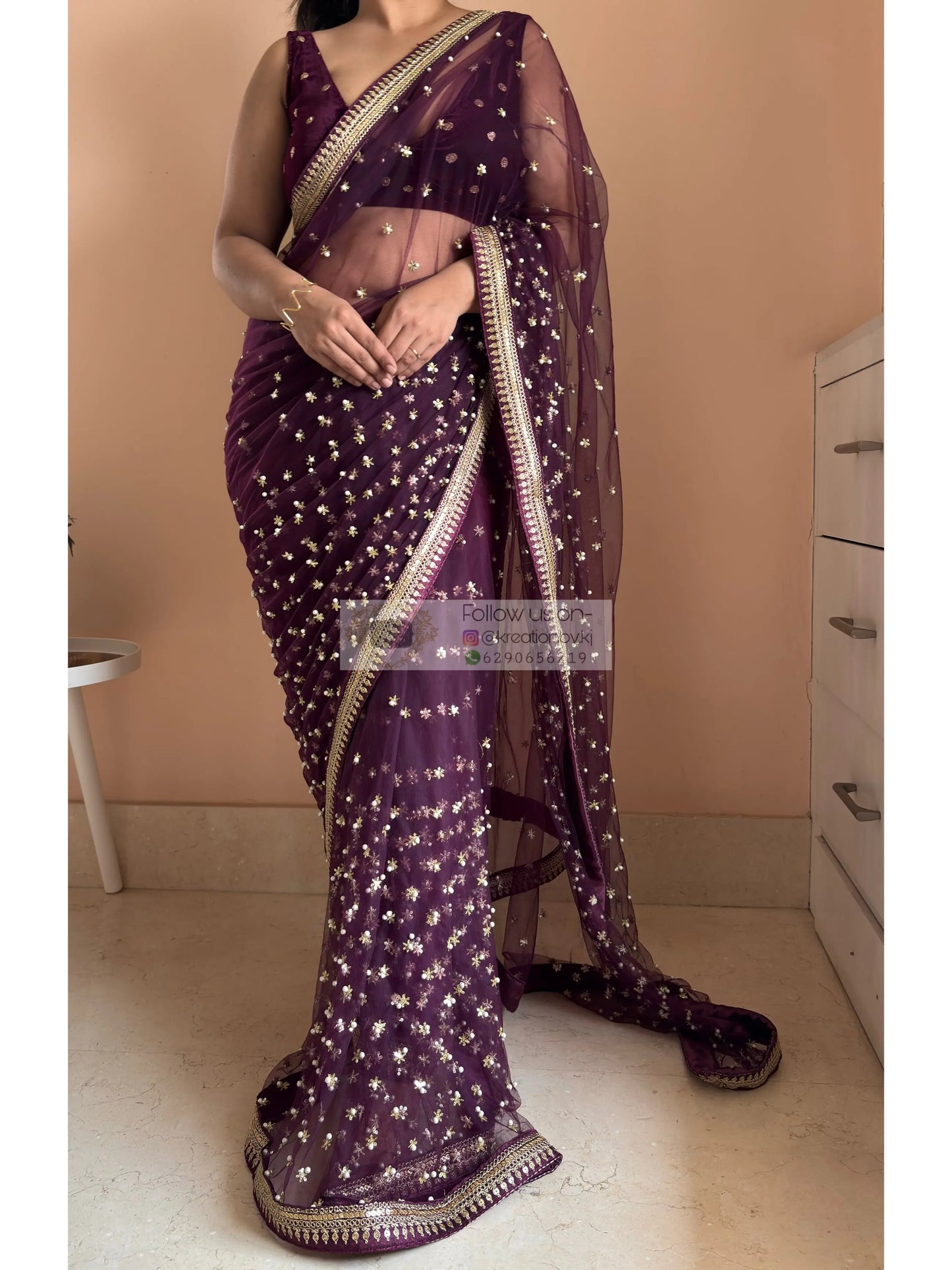 Wine Embellished Net Saree Kreation by KJ
