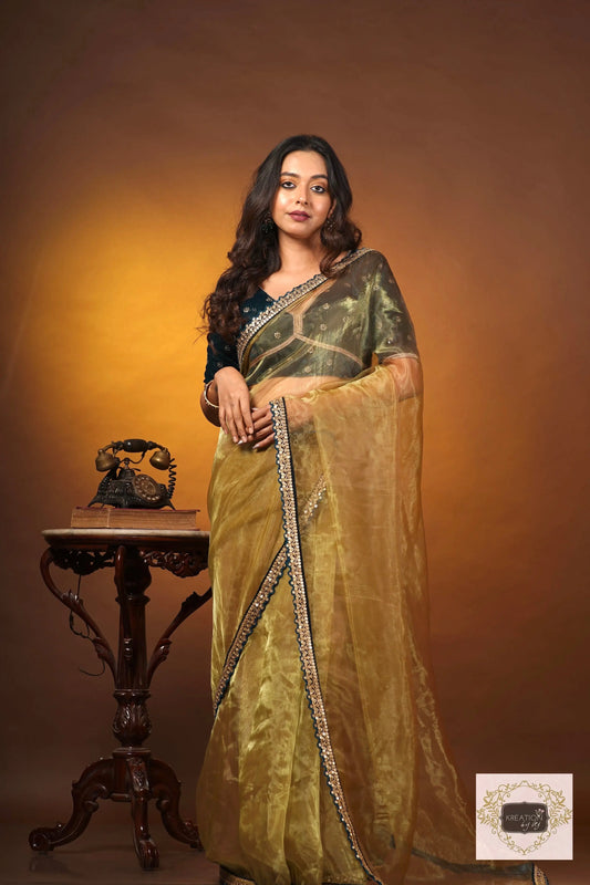 Pista Green Glass Tissue Saree with Teal Border kreationbykj