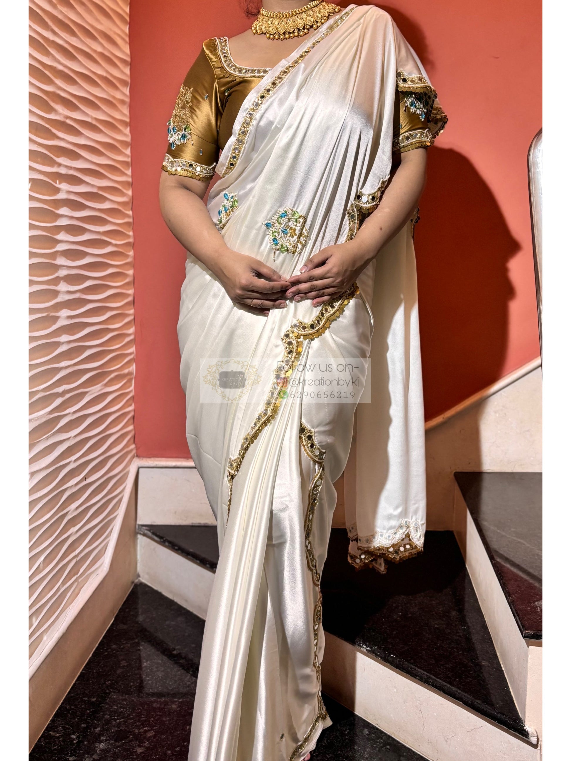 Snow Creme Satin Silk Saree With Real Mirror Work Kreation by KJ