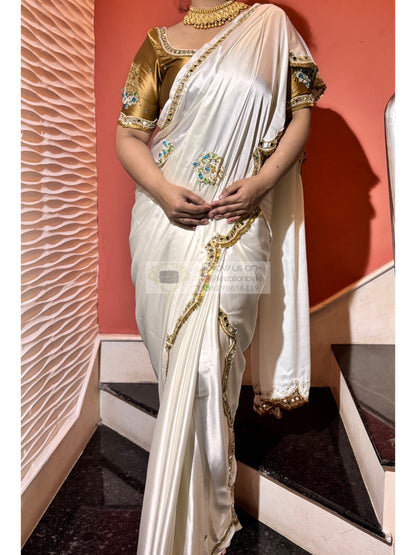 Snow Creme Satin Silk Saree With Real Mirror Work Kreation by KJ