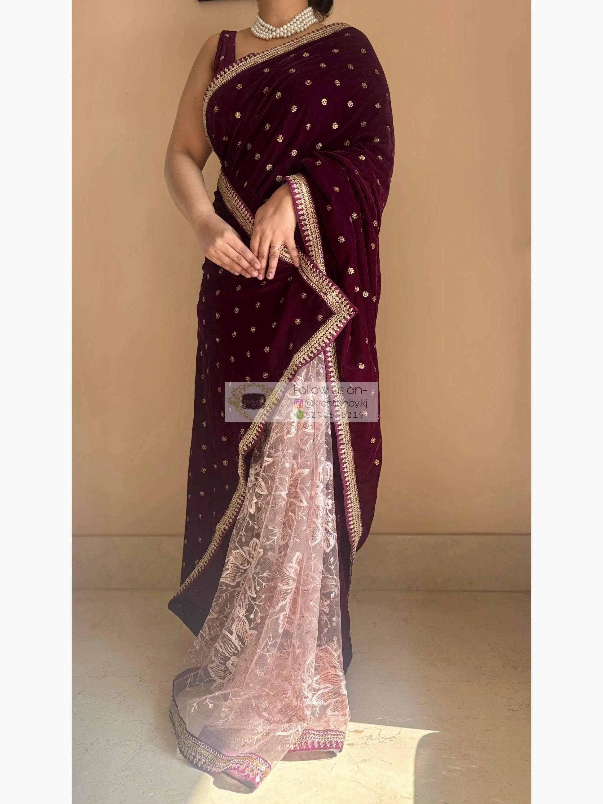 Purple Wine Velvet And Net Embellished Saree Kreation by KJ