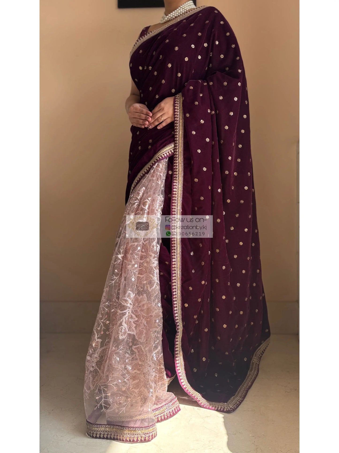 Purple Wine Velvet And Net Embellished Saree Kreation by KJ