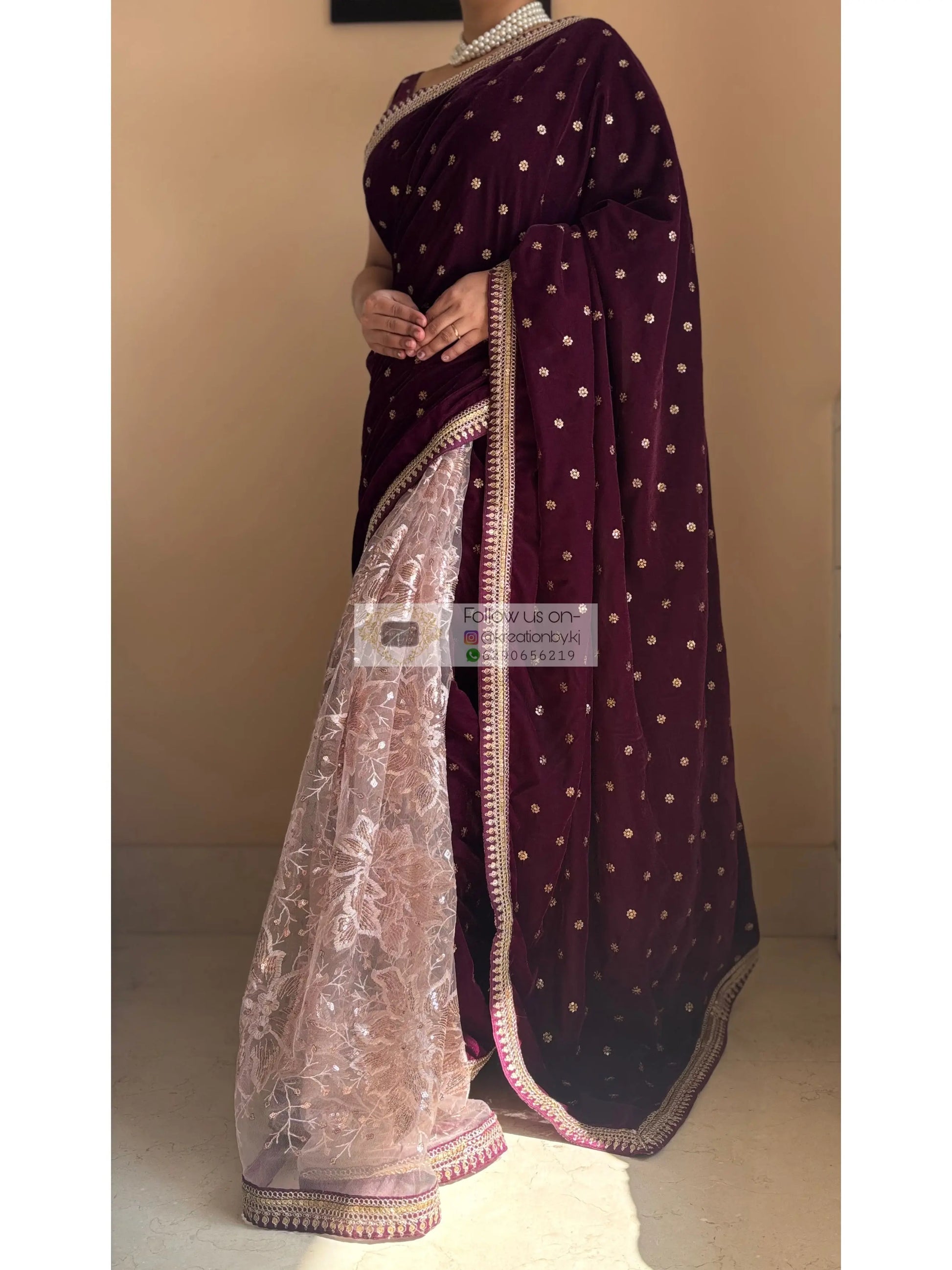 Purple Wine Velvet And Net Embellished Saree Kreation by KJ