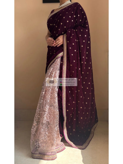 Purple Wine Velvet And Net Embellished Saree Kreation by KJ
