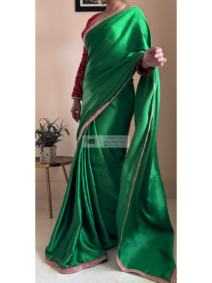 Green Satin Silk Saree with Red Border - kreationbykj