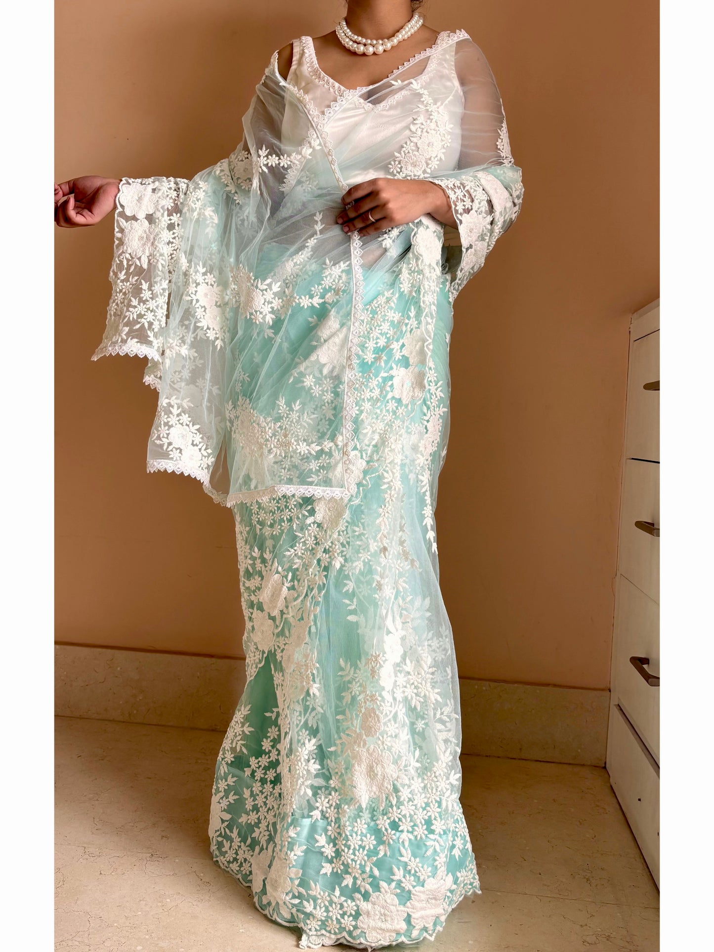 Seafoam Bloom Embellished Net Saree