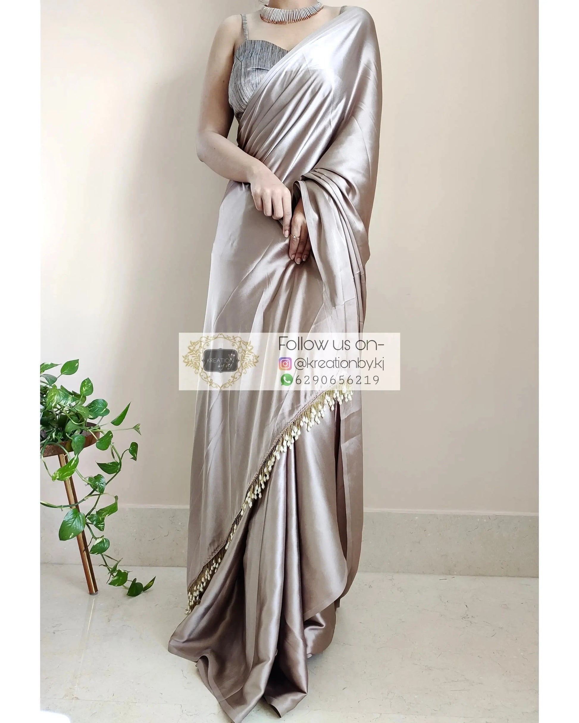 Mink Satin Silk Saree With Handmade Tassels On Pallu kreationbykj.in