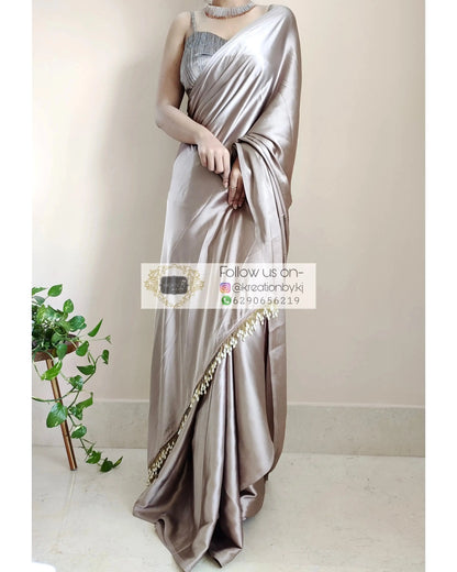 Mink Satin Silk Saree With Handmade Tassels On Pallu kreationbykj.in