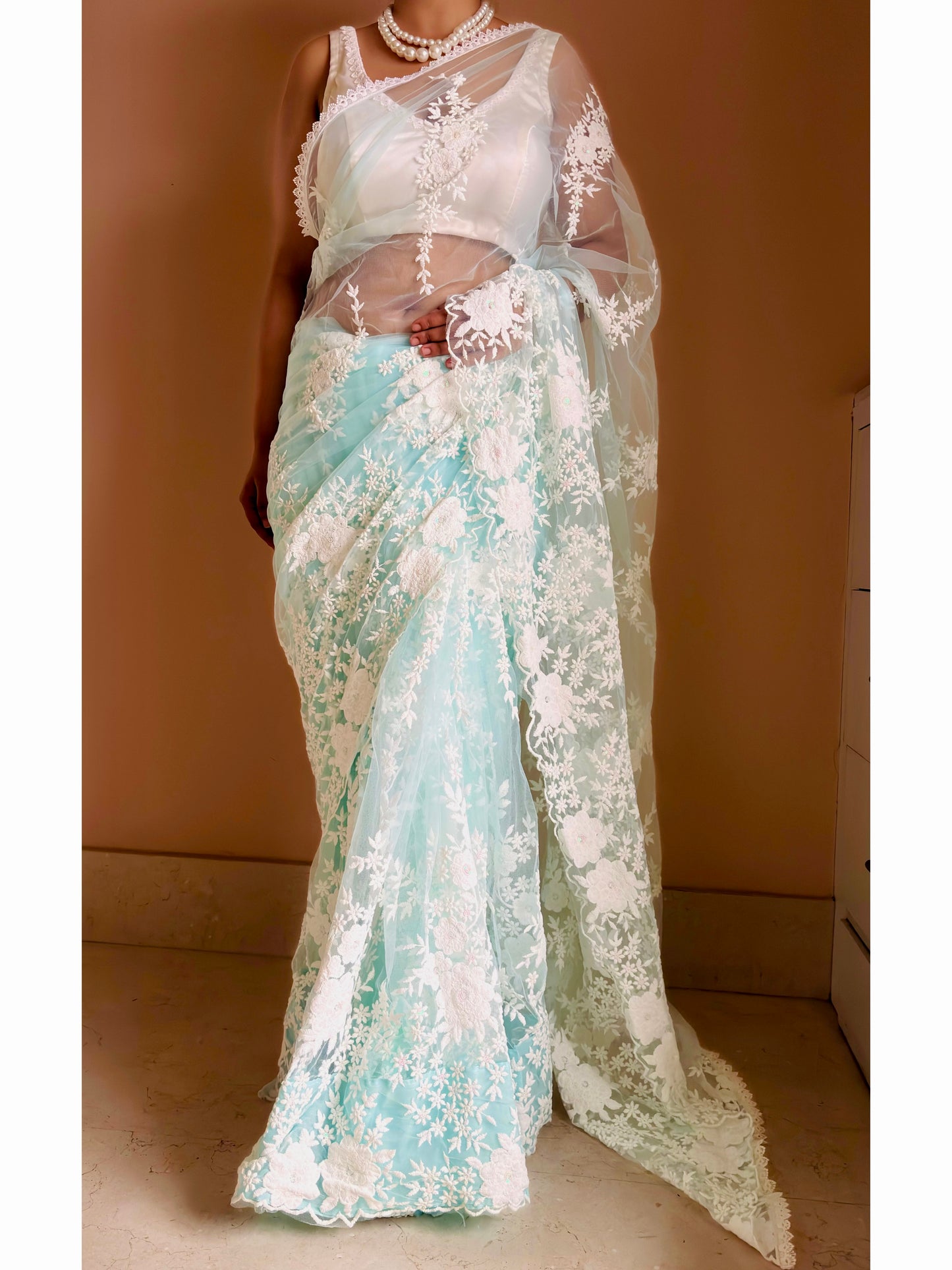 Seafoam Bloom Embellished Net Saree