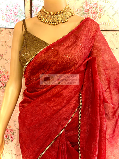 Red Crushed Tissue Saree with Golden Border