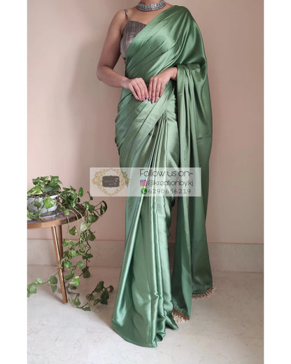 Moss Green Satin Silk Saree with Handmade Tassels on Pallu