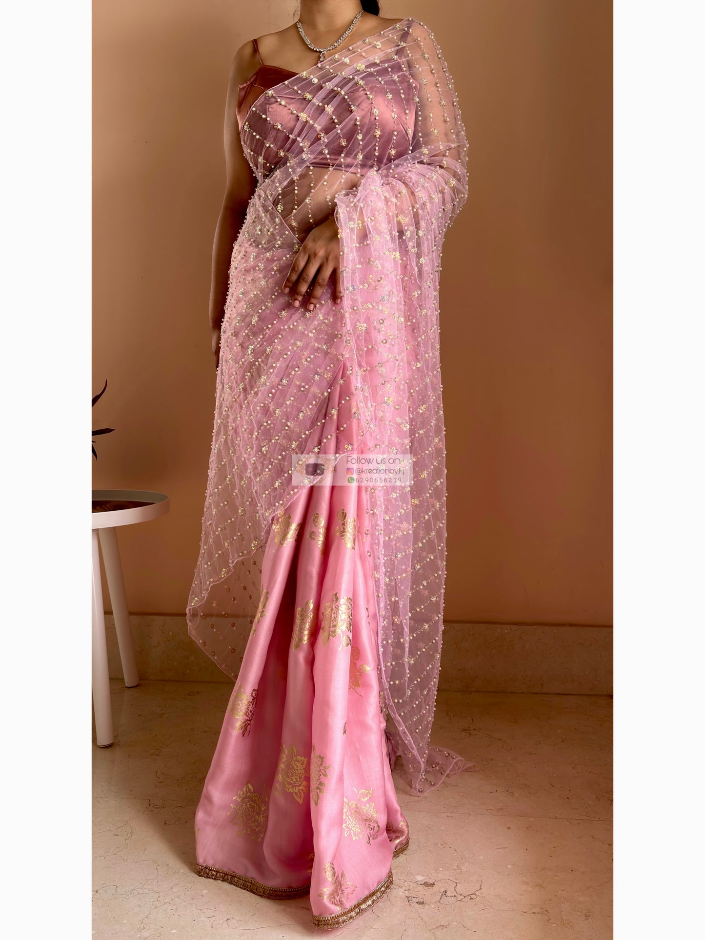 Blush Pink Golden Rose Saree