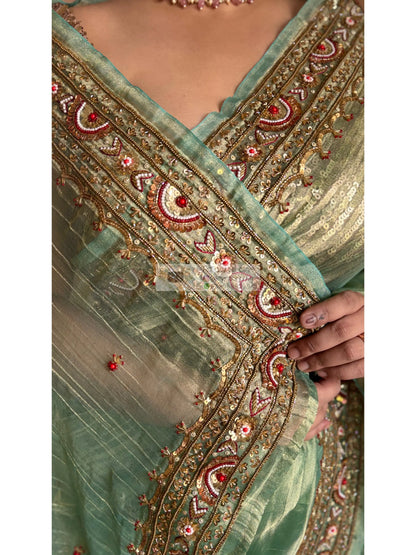 Green Tissue Saree with Hand embroidered Border Kreation by KJ