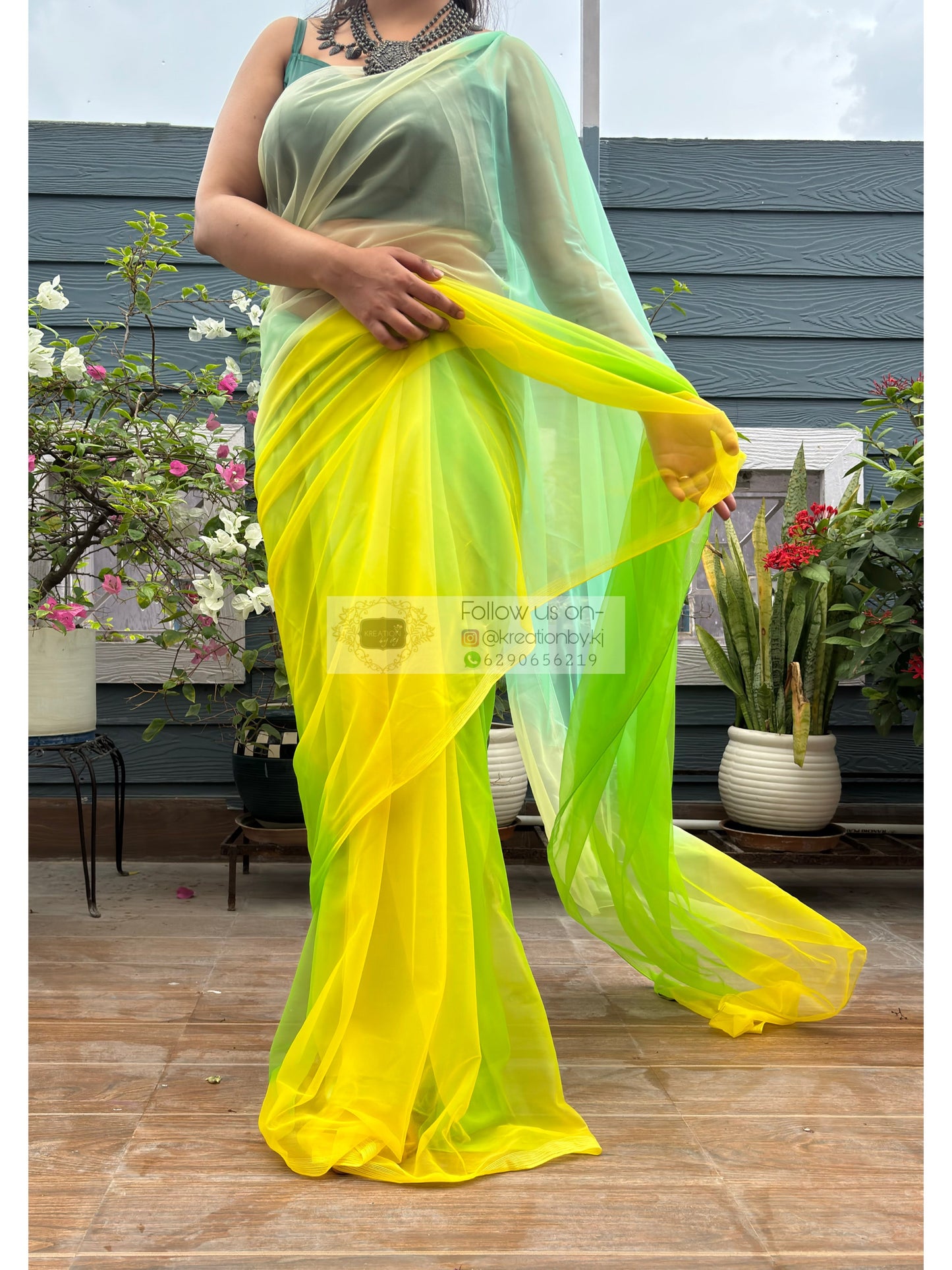 Green and yellow Net Ombre Saree kreationbykj