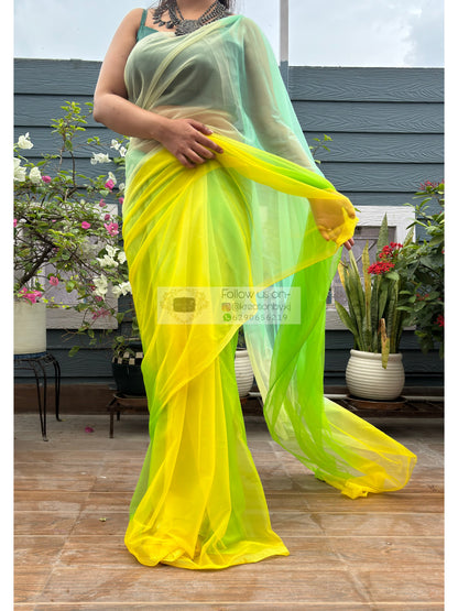 Green and yellow Net Ombre Saree kreationbykj