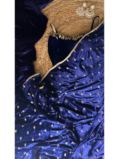 Navy Blue Velvet Silk Embellished Saree Kreation by KJ