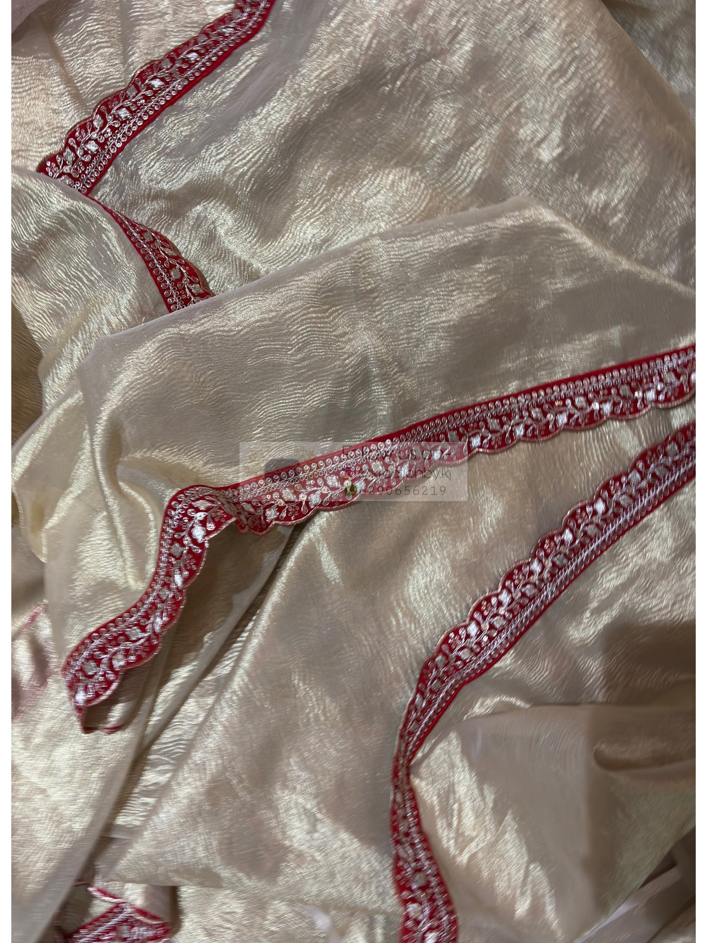 Golden Beige Crushed Tissue Saree with Red Border kreationbykj