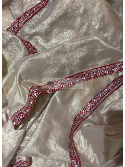 Golden Beige Crushed Tissue Saree with Red Border kreationbykj