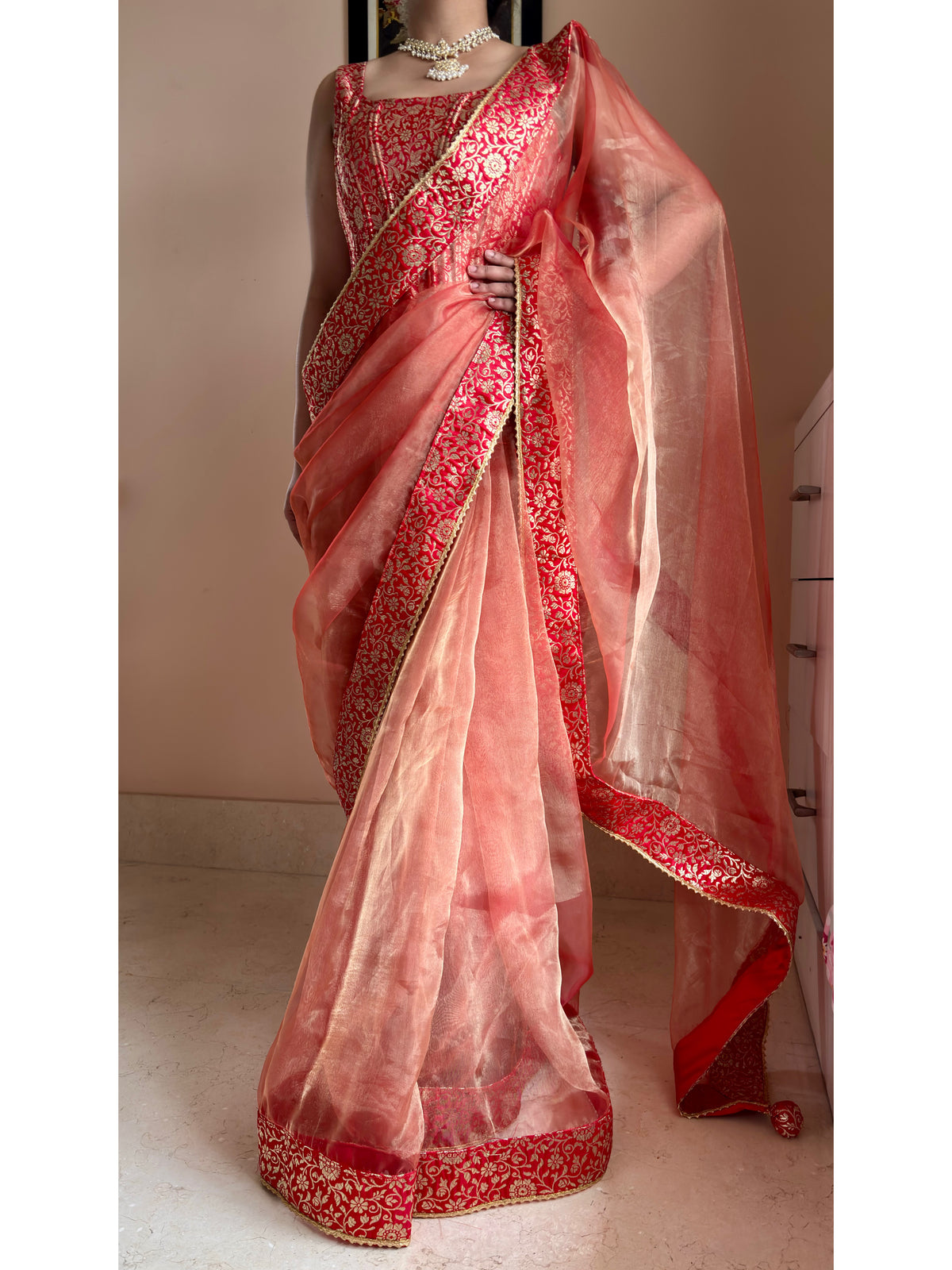 Marigold Glass Tissue Saree With Red Brocade Border