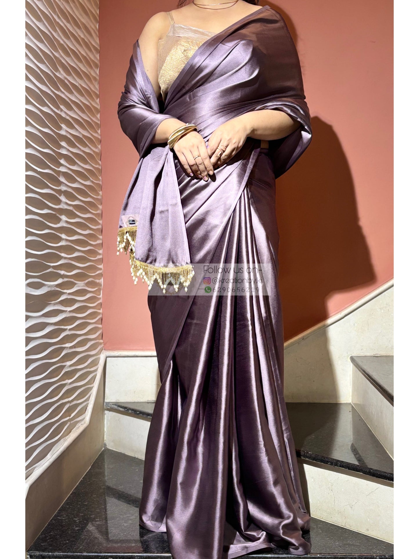 Purple Mauve Satin Silk Saree with Handmade Tassels on Pallu kreationbykj