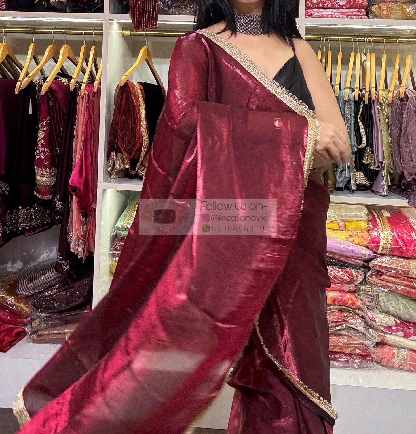 Cheery Wine Shimmer Banno Saree kreationbykj