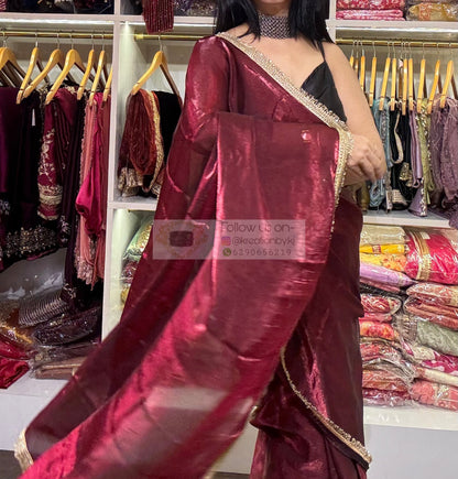 Cheery Wine Shimmer Banno Saree kreationbykj