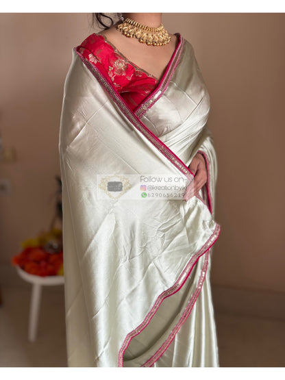 Cream with Green Hues Satin Silk Saree