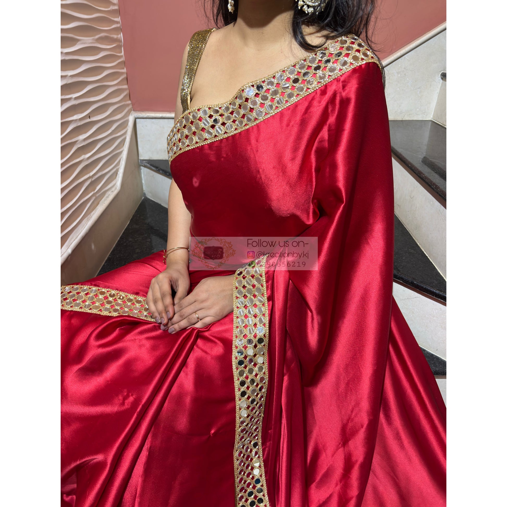 Crimson Red  Satin Silk Saree with Mirror Border kreationbykj