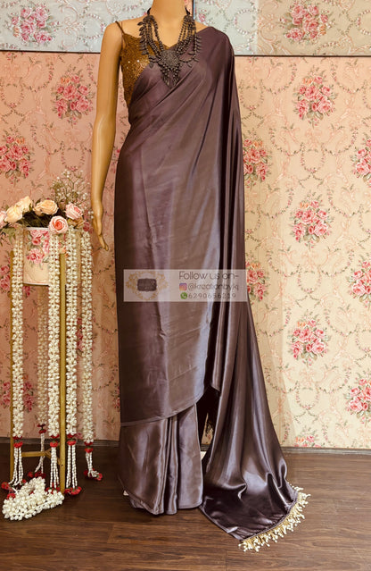 Purple Mauve Satin Silk Saree with Handmade Tassels on Pallu