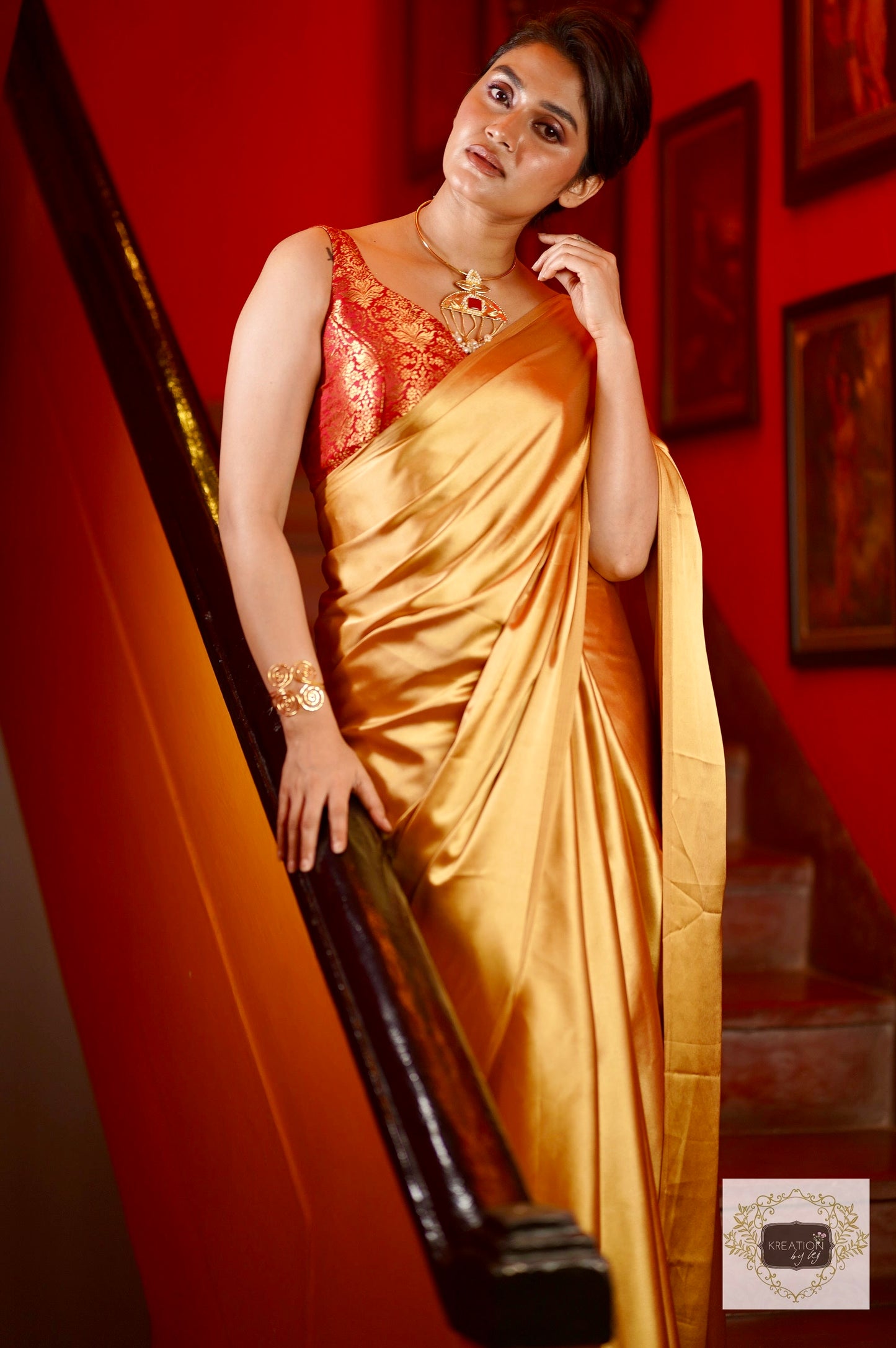 Champagne Gold Satin Saree