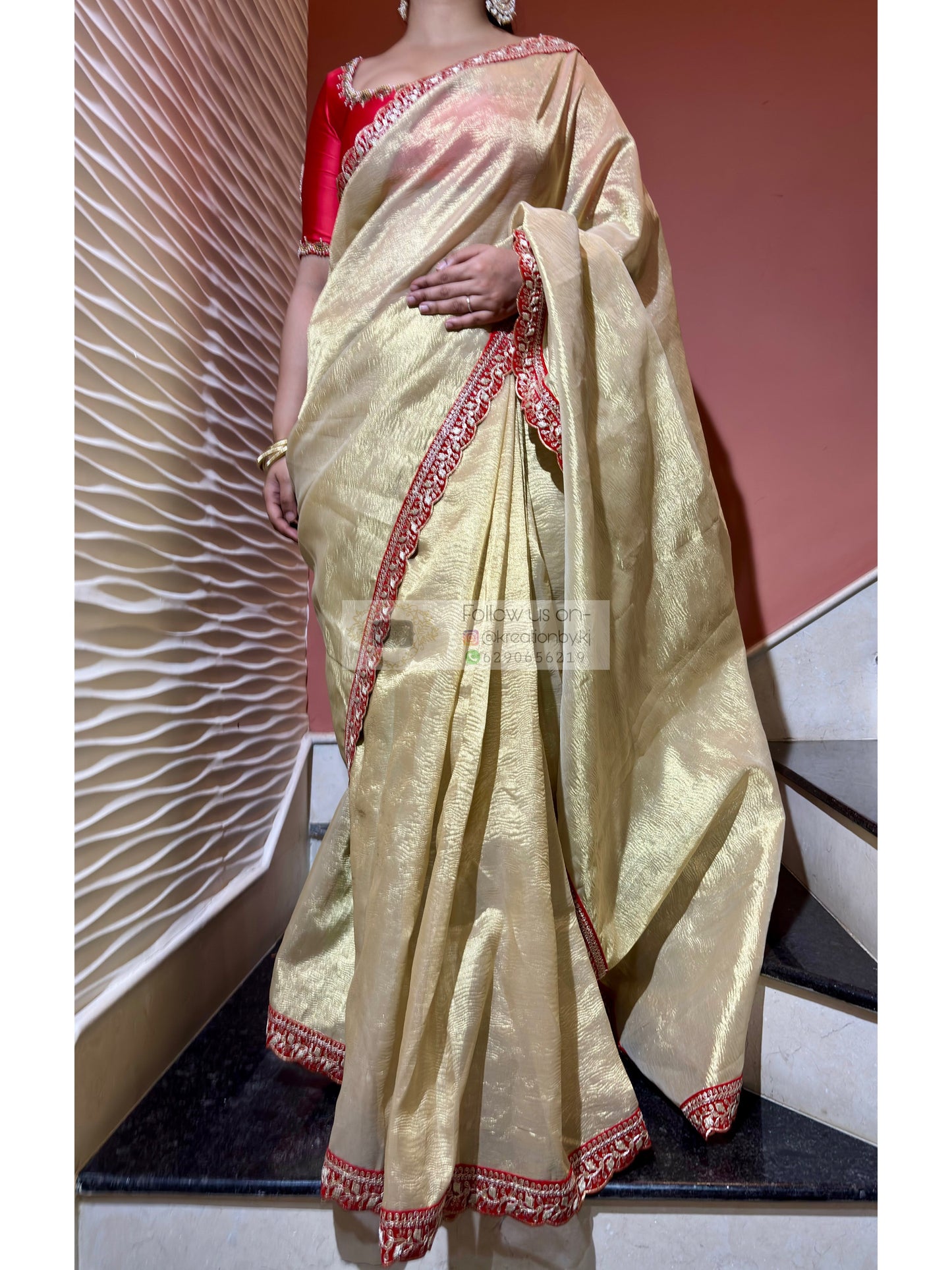 Golden Beige Crushed Tissue Saree with Red Border kreationbykj