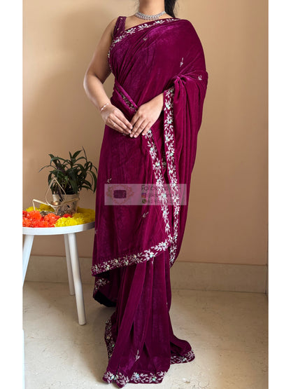 Purple Wine Velvet Chandani Saree with Cutdana Work