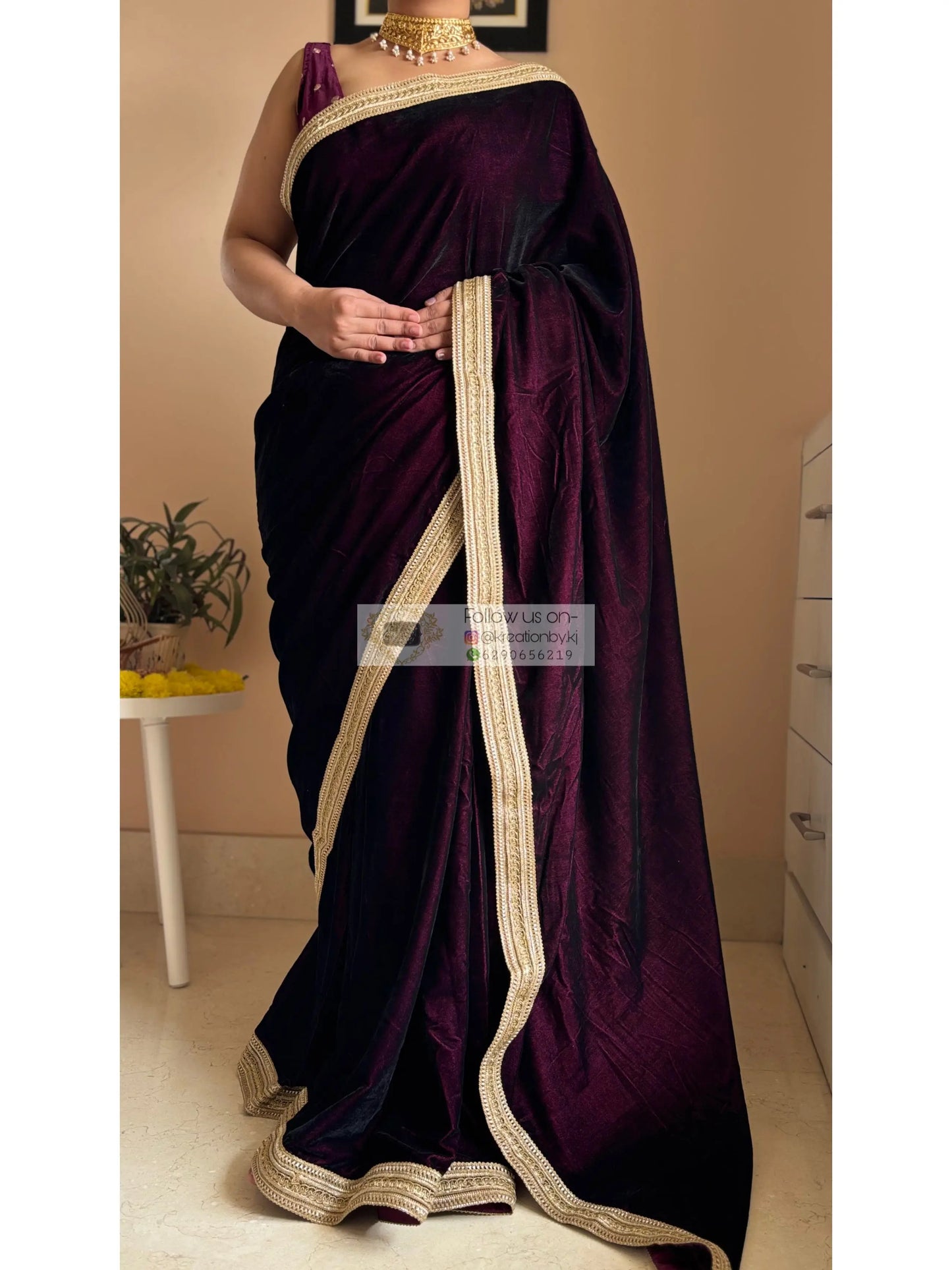 Dark Wine Velvet Saree with Golden Border kreationbykj