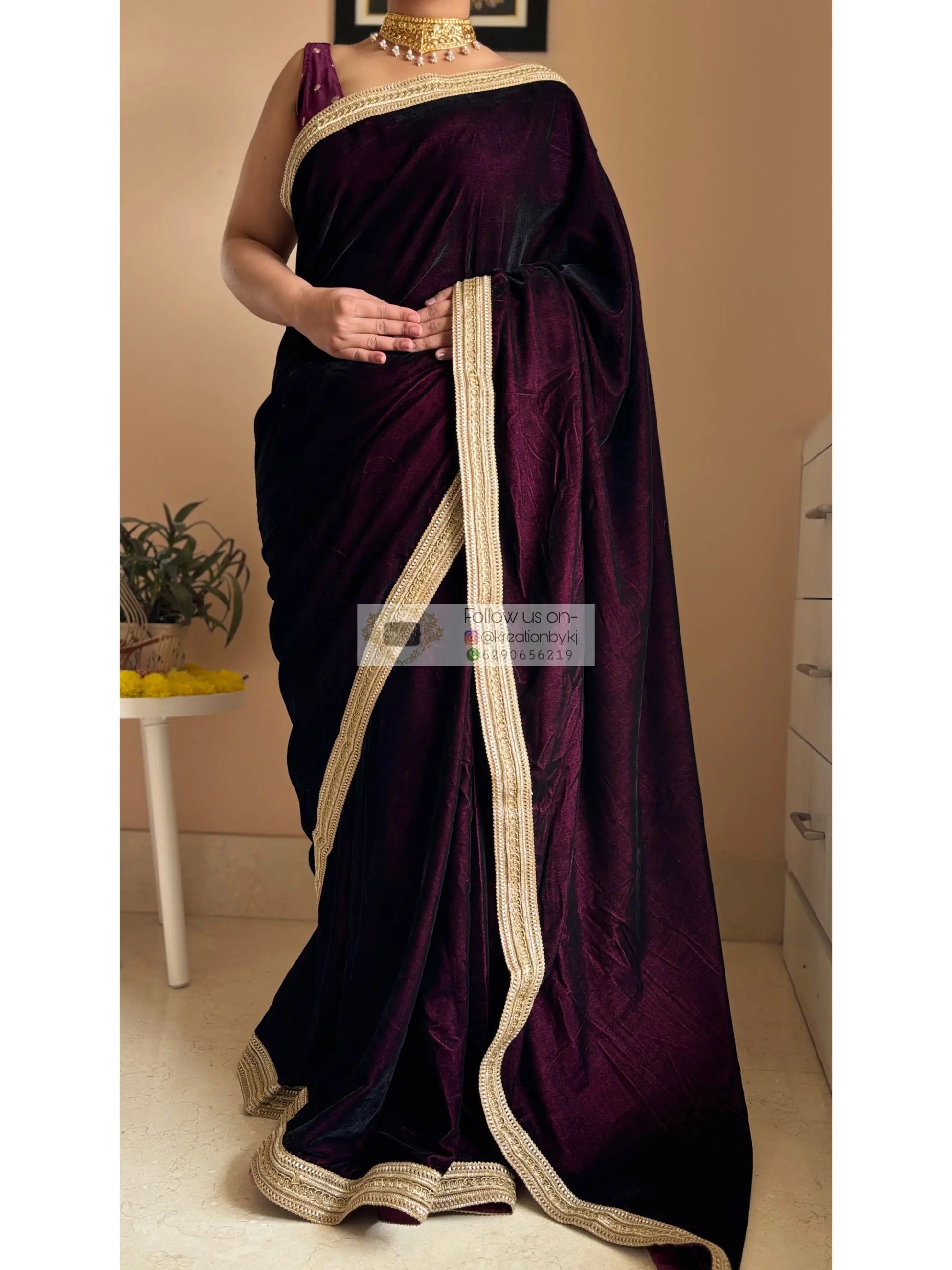 Dark Wine Velvet Saree with Golden Border kreationbykj